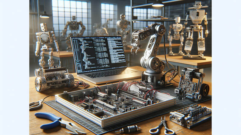 Un diagrama o ilustración que conecta visualmente tres círculos o áreas de estudio: mecánica, electrónica e informática, con el término "Mecatrónica" en el centro, rodeado de engranajes y placas de circuito.