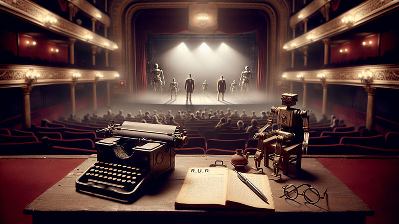 Un póster o una escena teatral de estilo Art Decó, mostrando personajes humanos y figuras estilizadas que representan a los "robots" de la obra R.U.R. (Rossum's Universal Robots).