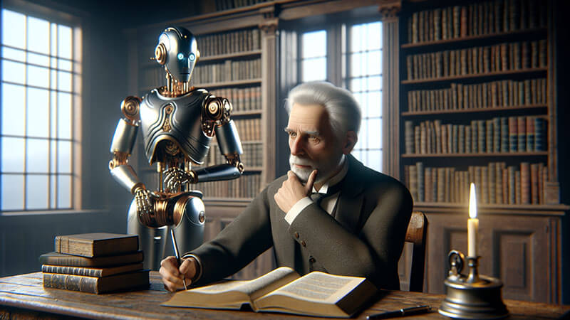 Un retrato del escritor de ciencia ficción Isaac Asimov con expresión pensativa, en un ambiente que sugiere su trabajo literario y teórico sobre robótica.