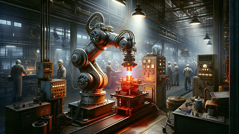 Una fotografía de archivo en blanco y negro que muestra un voluminoso brazo robótico (Unimate) realizando tareas en una línea de montaje de una fábrica de automóviles.