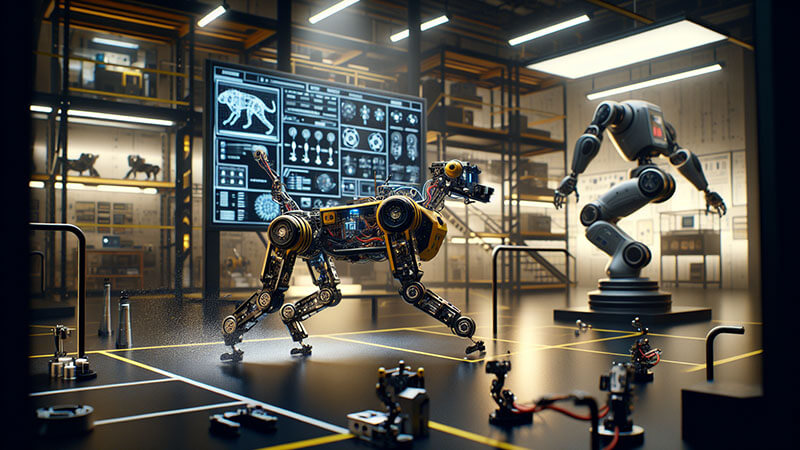 Un robot humanoide de alta tecnología (Atlas) realizando un movimiento complejo o manteniendo el equilibrio en un entorno de laboratorio.