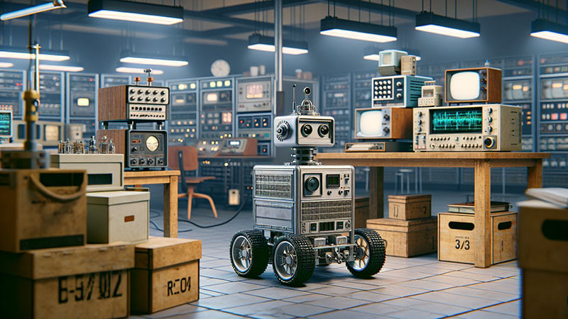 Una fotografía de archivo de un robot sobre ruedas (Shakey), con una antena y una cámara como cabeza, moviéndose en una habitación de laboratorio sencilla.