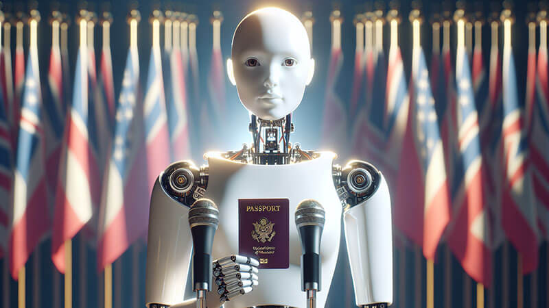 Un primer plano del rostro de la robot humanoide Sophia, mostrando su expresión realista y su sofisticada piel sintética, con un fondo digital.