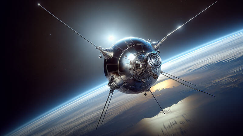 Una representación artística del satélite soviético Sputnik 1 orbitando la Tierra. Es una esfera de metal con cuatro largas antenas.