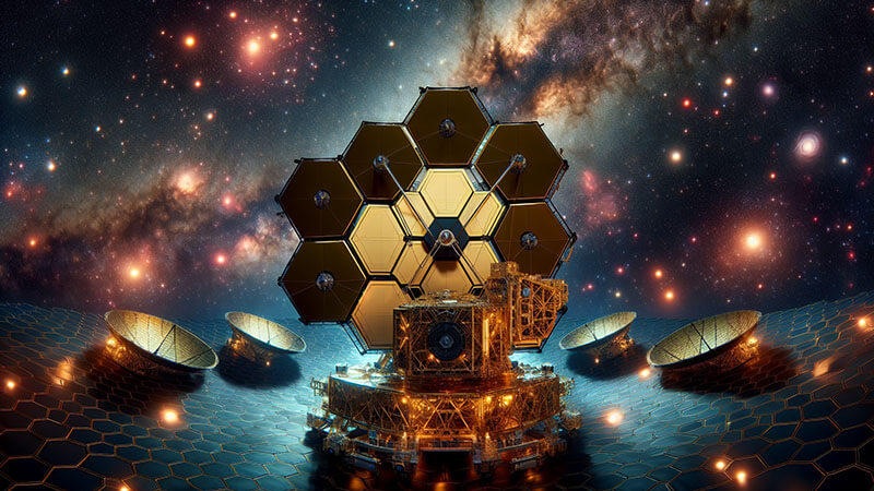Una representación del JWST en el espacio, destacando su enorme espejo primario hexagonal de color dorado y su parasol extendido.