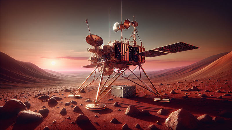 Una imagen del módulo de aterrizaje Viking 1 sobre la superficie marciana, mostrando el paisaje rocoso de Marte.