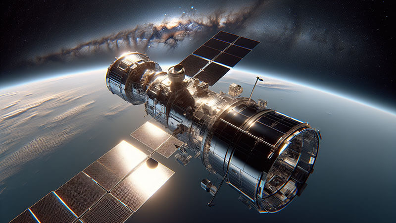 Una fotografía del Telescopio Espacial Hubble en órbita, con paneles solares extendidos y el fondo oscuro del espacio.
