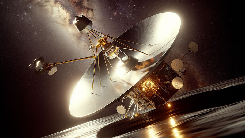 Una representación artística de la sonda Voyager 1 en el espacio profundo, mostrando su estructura, antena parabólica y el Disco de Oro.
