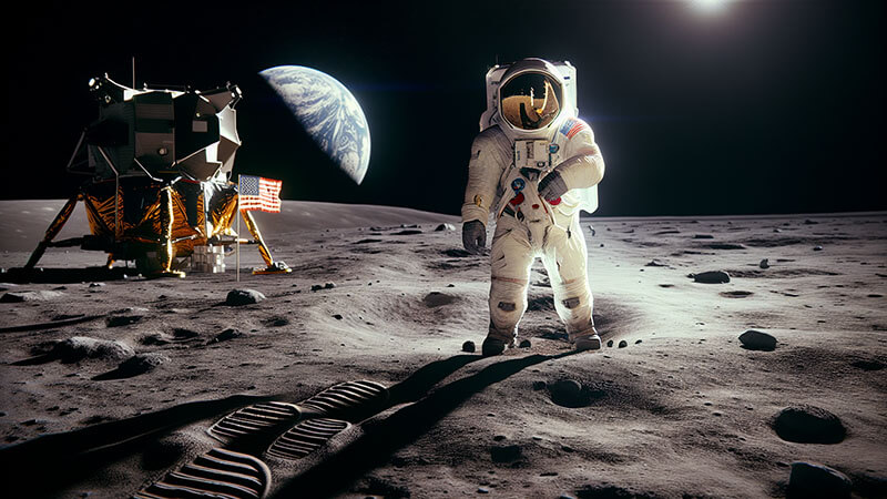 Una fotografía histórica de un astronauta (Neil Armstrong o Buzz Aldrin) junto a la bandera de Estados Unidos y el módulo lunar en la Luna.
