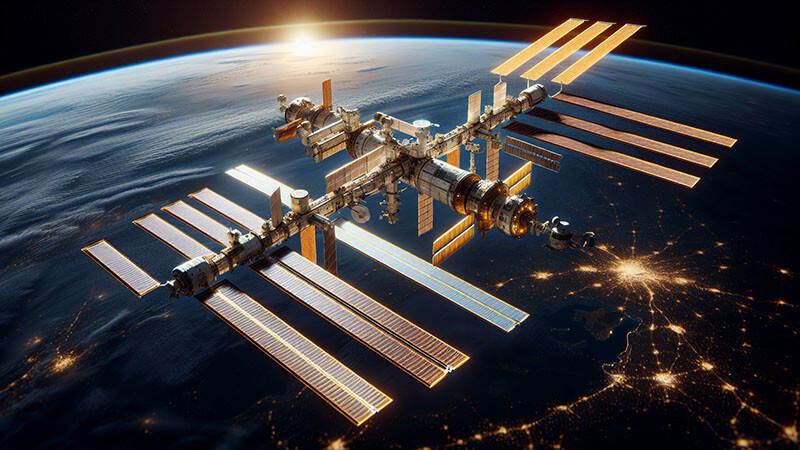 Una fotografía de la ISS en órbita, destacando su compleja estructura de módulos y los grandes paneles solares.
