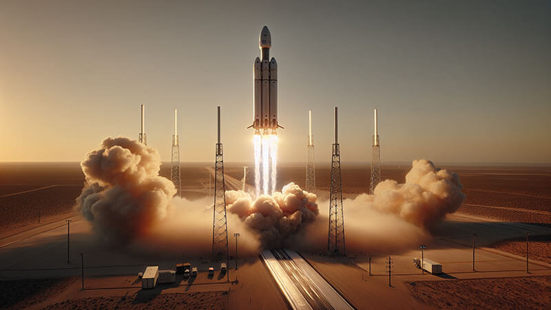 Una imagen de un cohete (New Shepard) de Blue Origin aterrizando verticalmente en una plataforma, con un chorro de fuego visible debajo.