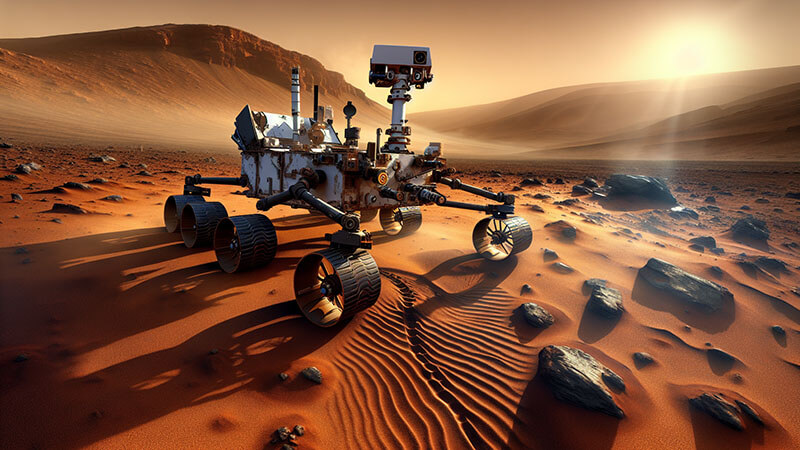 Una imagen del rover Curiosity sobre el terreno rocoso de Marte, mostrando sus ruedas, brazo robótico y su estructura.