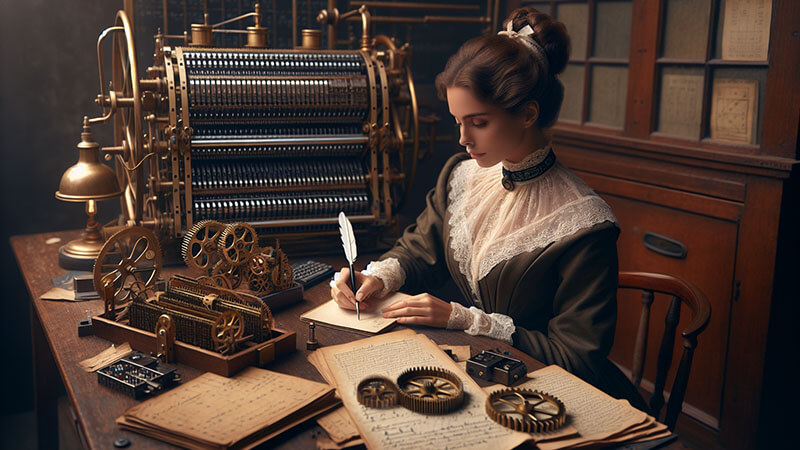 Un retrato de estilo clásico de una mujer joven (Ada Lovelace) de la época victoriana, sentada con papeles y un lápiz, simbolizando su trabajo en el concepto de algoritmo.