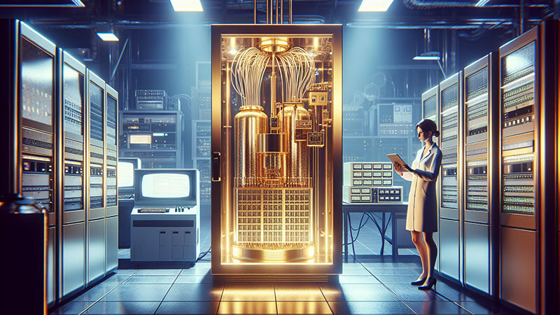 Una fotografía de un dispositivo de computación cuántica (típicamente un criostato de metal con muchos cables colgando), con un efecto visual que sugiere bits cuánticos o qubits.