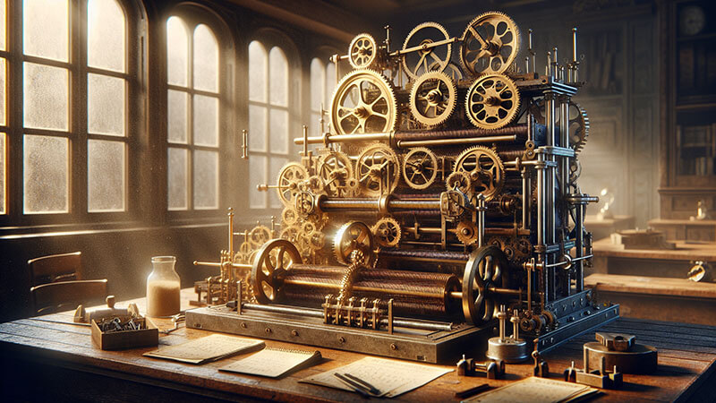 Un primer plano de engranajes y mecanismos complejos de metal, que representan una sección de la Máquina Analítica diseñada por Charles Babbage.