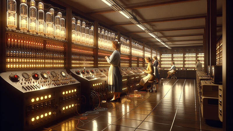 Una fotografía en blanco y negro de una gran sala llena de paneles y armarios de equipos, con varias personas operando el enorme ordenador ENIAC de los años 40.