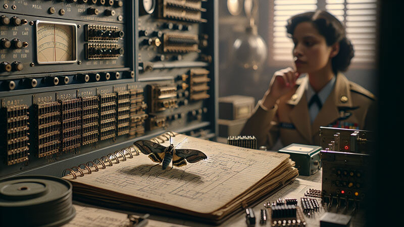 Una foto de la Almirante Grace Hopper junto a un cuaderno donde se pegó la polilla real (el "bug") que causó un fallo en una máquina.