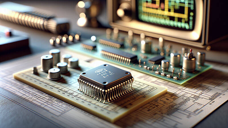 Una imagen de primer plano del chip Intel 4004, el primer microprocesador comercial del mundo, mostrando su pequeña y compleja estructura.