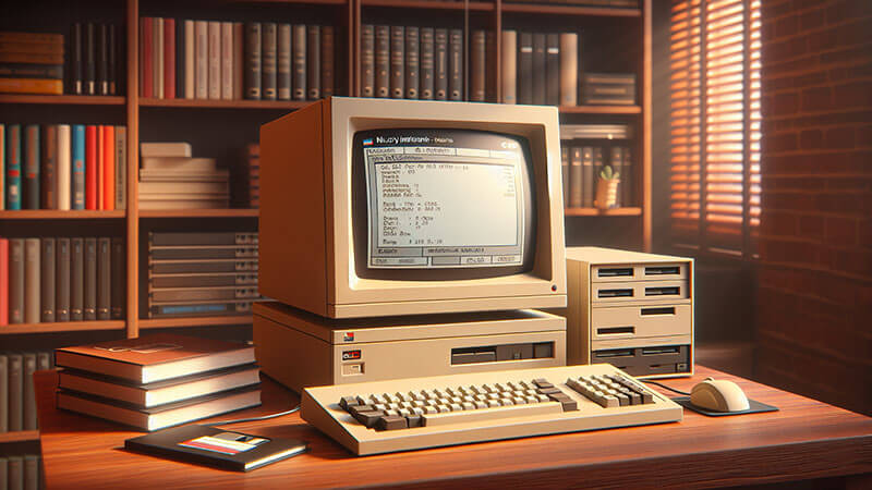 Una imagen de un ordenador Apple Lisa (una gran unidad de escritorio con monitor de tubo y un ratón), representando la introducción de la interfaz gráfica.