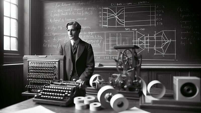 Un retrato del matemático Alan Turing junto a un esquema o representación simbólica de su concepto teórico de la "Máquina de Turing".