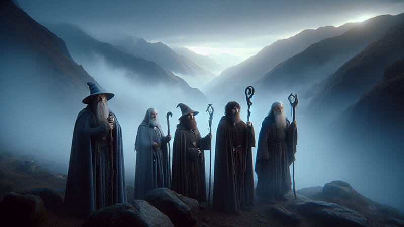 Cinco magos con túnicas y bastones se reúnen entre la niebla en una cima montañosa, representando a los cinco Istari enviados a la Tierra Media.