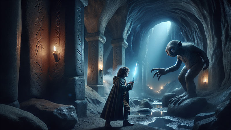 Un hobbit armado con una espada se enfrenta a Gollum en una cueva iluminada por antorchas, simbolizando los días que llevaba siguiéndolos.