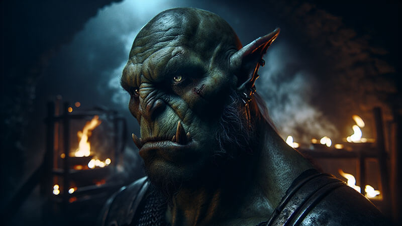 Primer plano de un orco con piel verdosa, colmillos y cicatrices, iluminado por el fuego, representando su origen como elfos deformados.