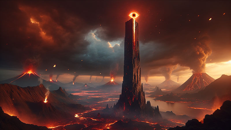 Una torre negra se alza entre volcanes en erupción, coronada por un ojo llameante que observa todo desde Mordor.