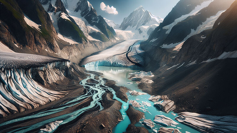 Imagen aérea de un glaciar derritiéndose con ríos de agua turquesa, mostrando los efectos del calentamiento global en los ecosistemas.
