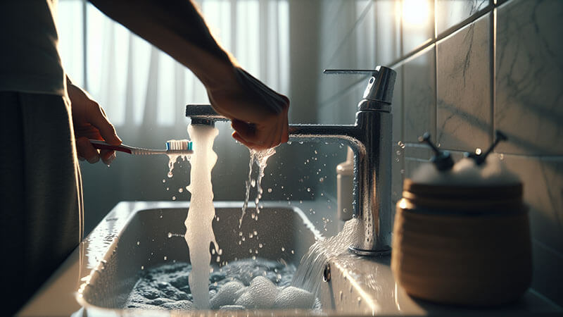 Persona cepillándose los dientes con el grifo abierto y el agua corriendo, simbolizando el desperdicio de litros de agua potable.