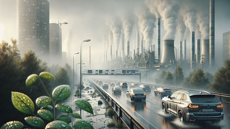 Carretera con tráfico frente a una ciudad industrial llena de humo y chimeneas, reflejando la contaminación y la lluvia ácida.