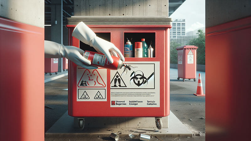 Mano con guantes depositando un insecticida en un contenedor rojo para residuos tóxicos y peligrosos.