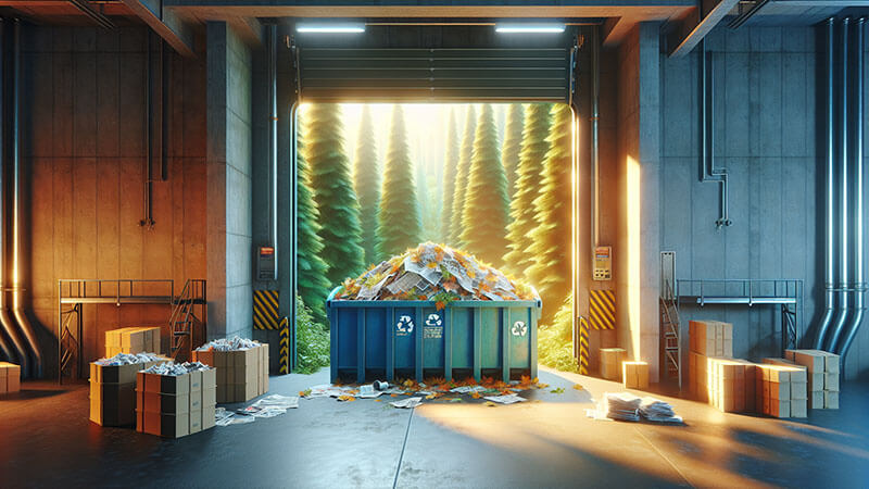 Contenedor azul lleno de papeles para reciclar en una fábrica con la luz del sol entrando, simbolizando la conexión entre reciclaje y conservación forestal.