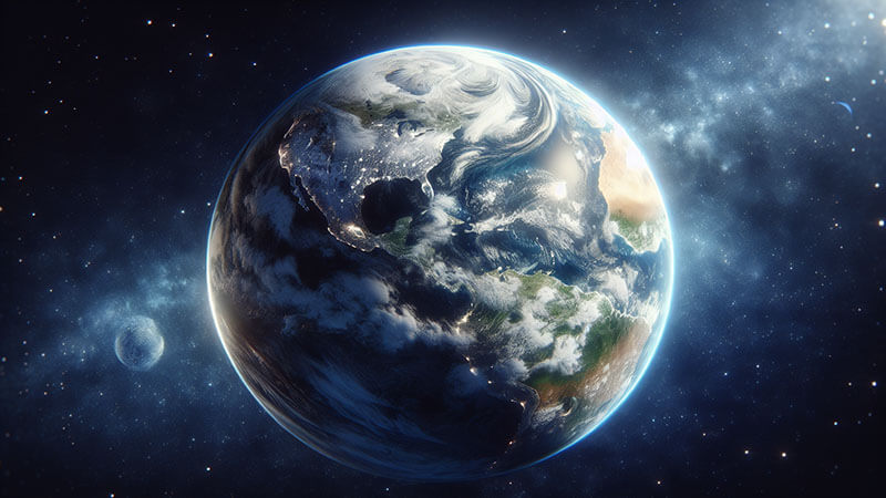 Tierra vista desde el espacio, mostrando el hemisferio occidental iluminado por el sol, con el meridiano de Greenwich marcado simbólicamente por una franja de luz que divide el planeta.