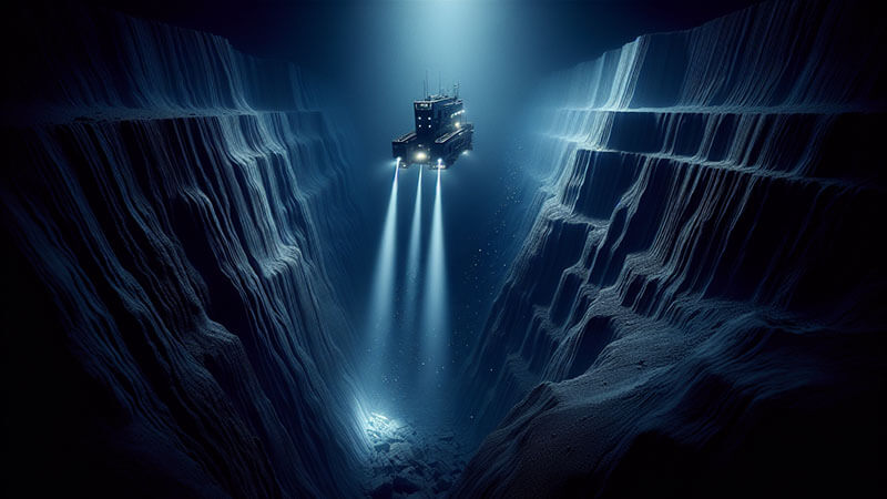 Imagen hiperrealista de un vehículo submarino descendiendo en la oscuridad de la Fosa de las Marianas, iluminando con potentes focos las paredes escarpadas y el fondo del abismo.