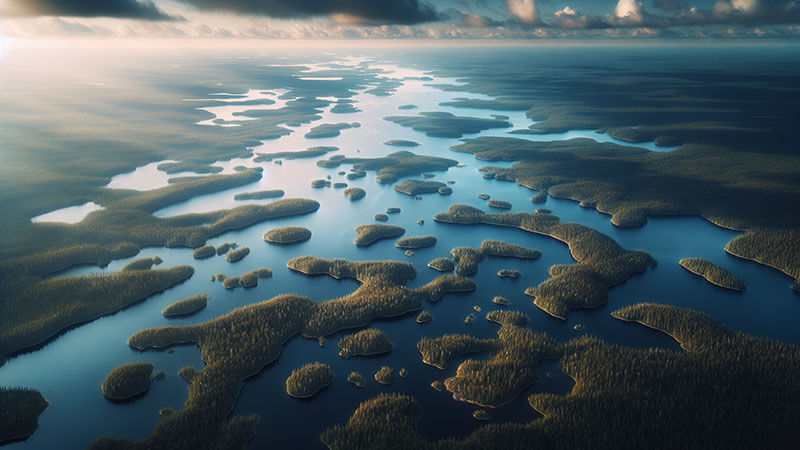 Vista aérea panorámica de un paisaje finlandés con cientos de lagos interconectados, rodeados por bosques y bañados por una luz suave al amanecer.