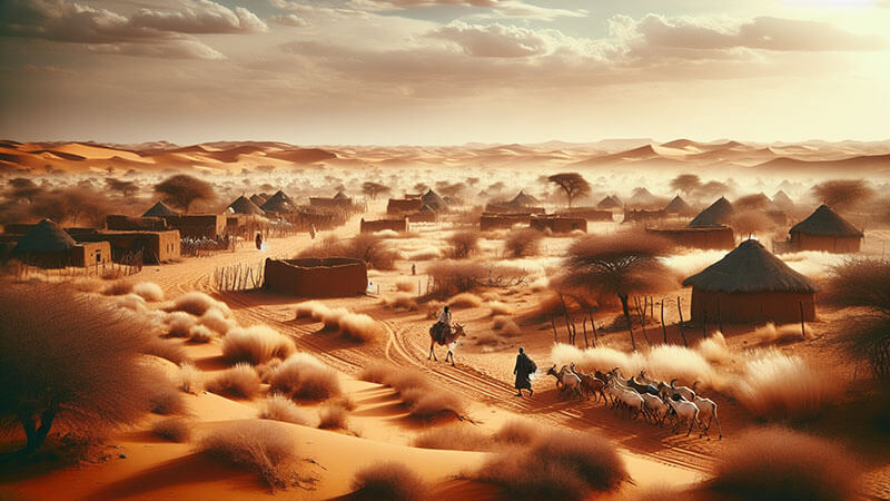 Imagen realista de un poblado del Sahel africano con chozas de adobe, arena rojiza y pastores guiando su ganado entre dunas bajo una luz dorada del atardecer.