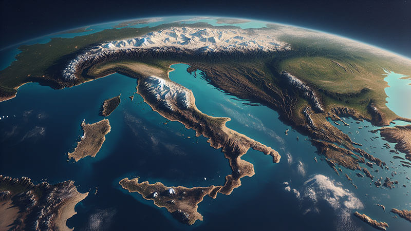 Vista satelital hiperrealista del sur de Europa mostrando claramente la península itálica, rodeada por mares azules y las montañas nevadas de los Alpes al norte.