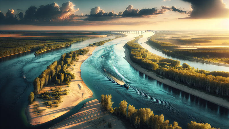 Extenso río serpenteando entre bosques y llanuras bajo una luz cálida de atardecer, con barcos navegando en su cauce principal.