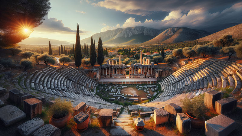 Antiguo teatro griego rodeado de colinas verdes y cipreses, iluminado por la luz dorada del amanecer que resalta sus columnas y gradas de piedra.