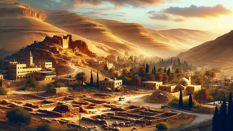 Vista panorámica de un asentamiento histórico en un valle desértico, con ruinas antiguas, palmeras y montañas bañadas por la luz cálida del amanecer.
