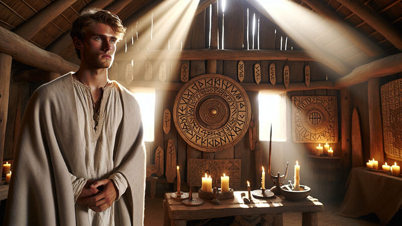 Figura mitológica en un entorno escandinavo, símbolo de claridad, equilibrio y nobleza espiritual.