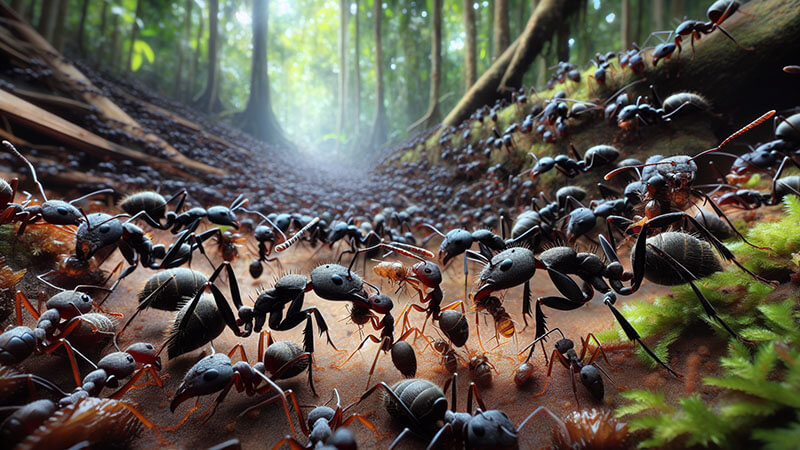 Primer plano de una colonia de hormigas avanzando por la selva, imagen que representa organización, cooperación y poder natural.