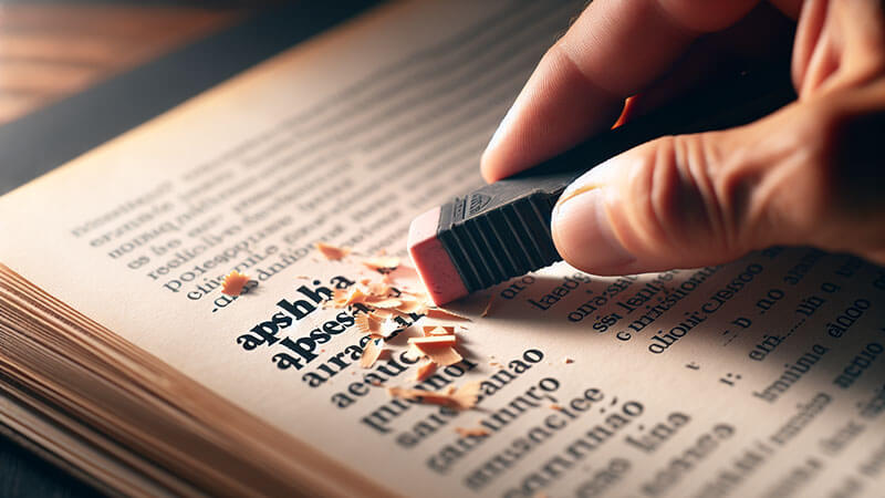 Detalle de una mano borrando letras de una palabra sobre una página, evocando el cambio, la evolución y la precisión del lenguaje