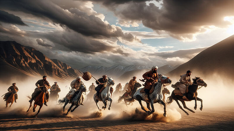 Jinetes galopando sobre un terreno polvoriento bajo un cielo dramático, reflejo de la energía y la intensidad de los desafíos humanos.