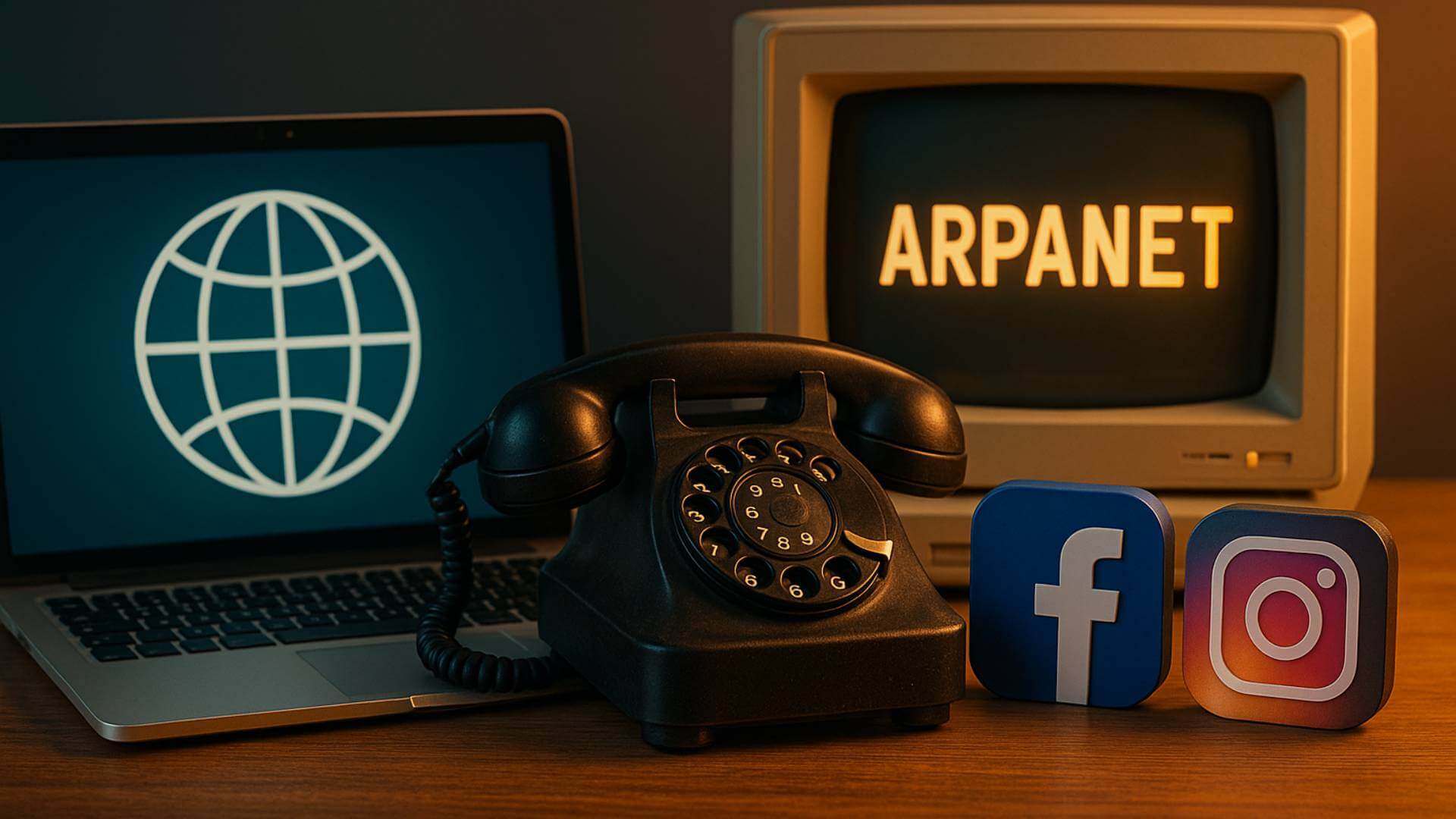 Dispositivos que representan la historia de Internet: un ordenador antiguo con la palabra “ARPANET” en pantalla, un teléfono de disco, un portátil moderno con un icono de red global y símbolos de redes sociales como Facebook e Instagram, todo iluminado con una cálida luz ambiental que evoca la evolución tecnológica.