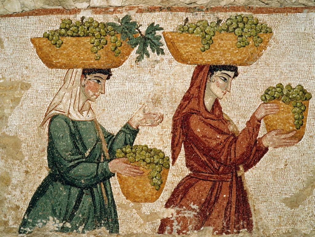 Mujeres llevando cestas de uva