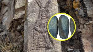 Hallan una piedra decorada con una figura cornuda de mujer en un túmulo funerario de Kirguistán que desafía a los arqueólogos