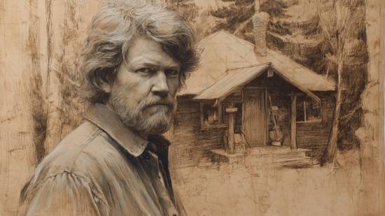 Hombre junto a una cabaña