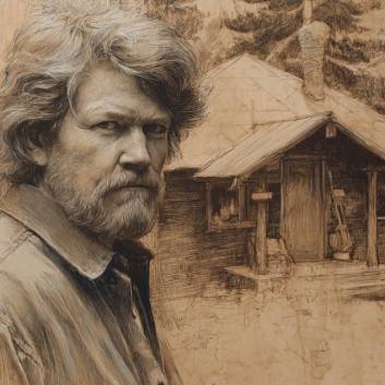 Hombre junto a una cabaña